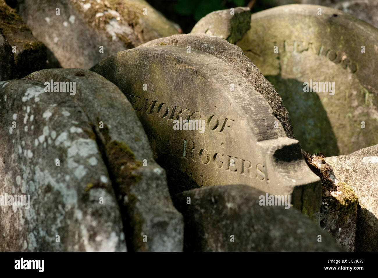 Les pierres tombales réarrangé par Thomas Hardy dans la cour de l'église de St Pancras old church. Banque D'Images
