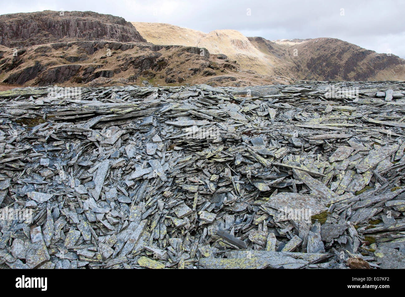 Le Parc National de Snowdonia, Gwynedd, Pays de Galles, Royaume-Uni. 17 Février, 2015. Énorme tas de déblais d'ardoise sont accueillis à l'Rhosydd abandonnés carrière d'ardoise. Rhosydd Ardoisières a commencé en 1840 et employait 200 hommes à son apogée dans les années 1880, lorsque plus de 6 000 tonnes d'ardoise vendable par an a été produit. L'exploitation a continué jusque dans les années 1950 mais jamais vraiment remise après le "Grand" d'automne en 1900, une catastrophe qui a détruit une grande partie des plus rentables les réserves. Credit : Graham M. Lawrence/Alamy Live News. Banque D'Images