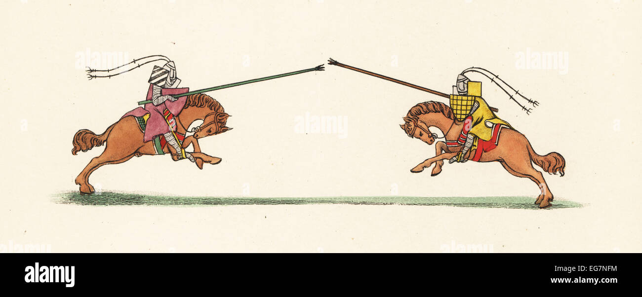 Deux joutes chevaliers avec lances dans des armures, barre, et les couleurs héraldiques, 14e siècle. Banque D'Images