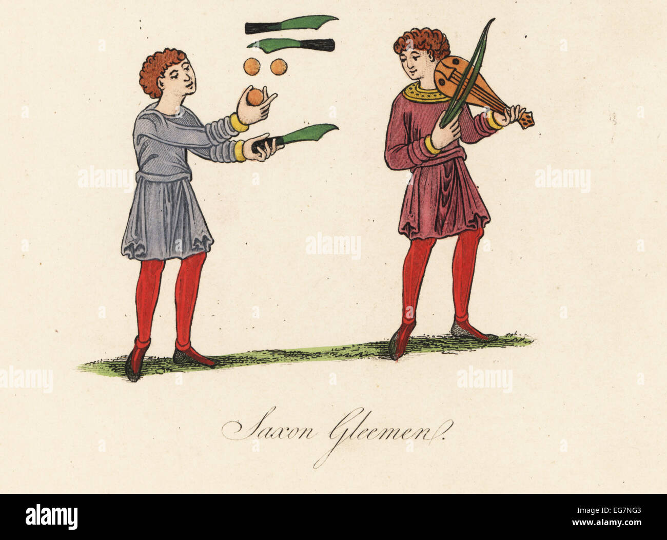 Anglo-Saxon gleemen : juggler jouer avec les balles et les couteaux accompagné d'un violoneux, 10e siècle. Banque D'Images