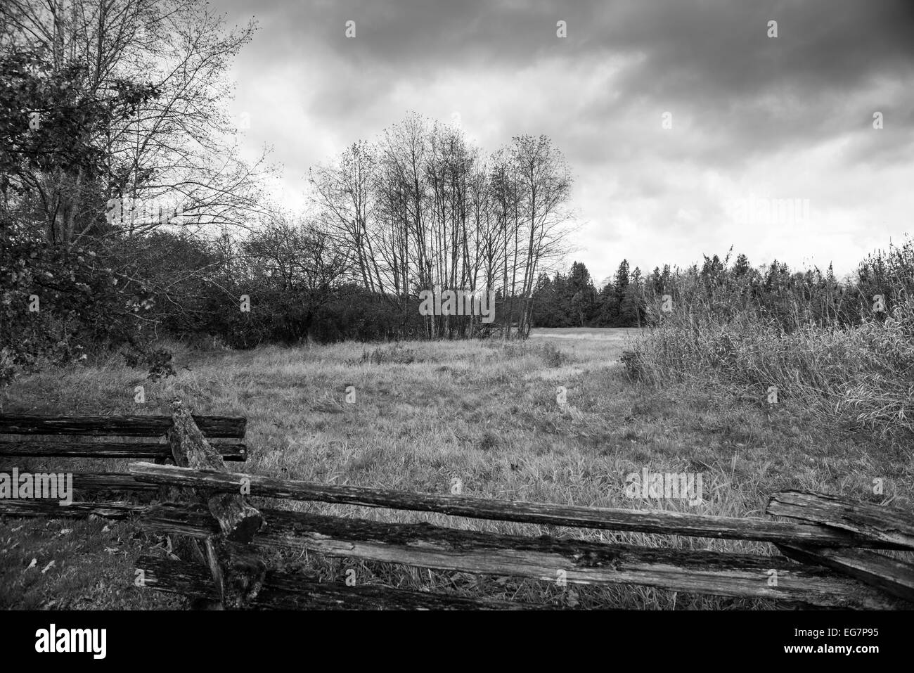 Une vieille clôture rustique autour d'un champ dans le parc régional Campbell Valley, Langley, BC, Canada Banque D'Images
