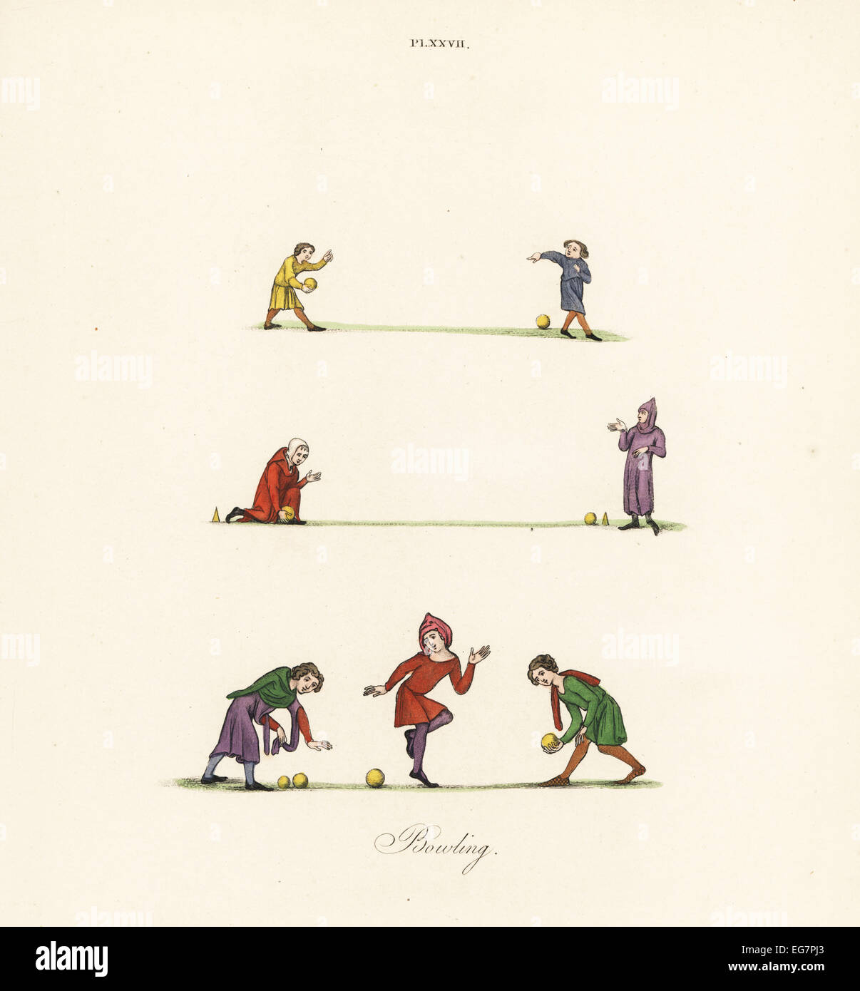 Jeux bowling médiévale : bols, 14e siècle (début), deux hommes jouant avec des cônes ou des bols cible les marques, 13e siècle (milieu), et trois hommes jouant la pétanque avec un cric, 14e siècle (en bas). Banque D'Images