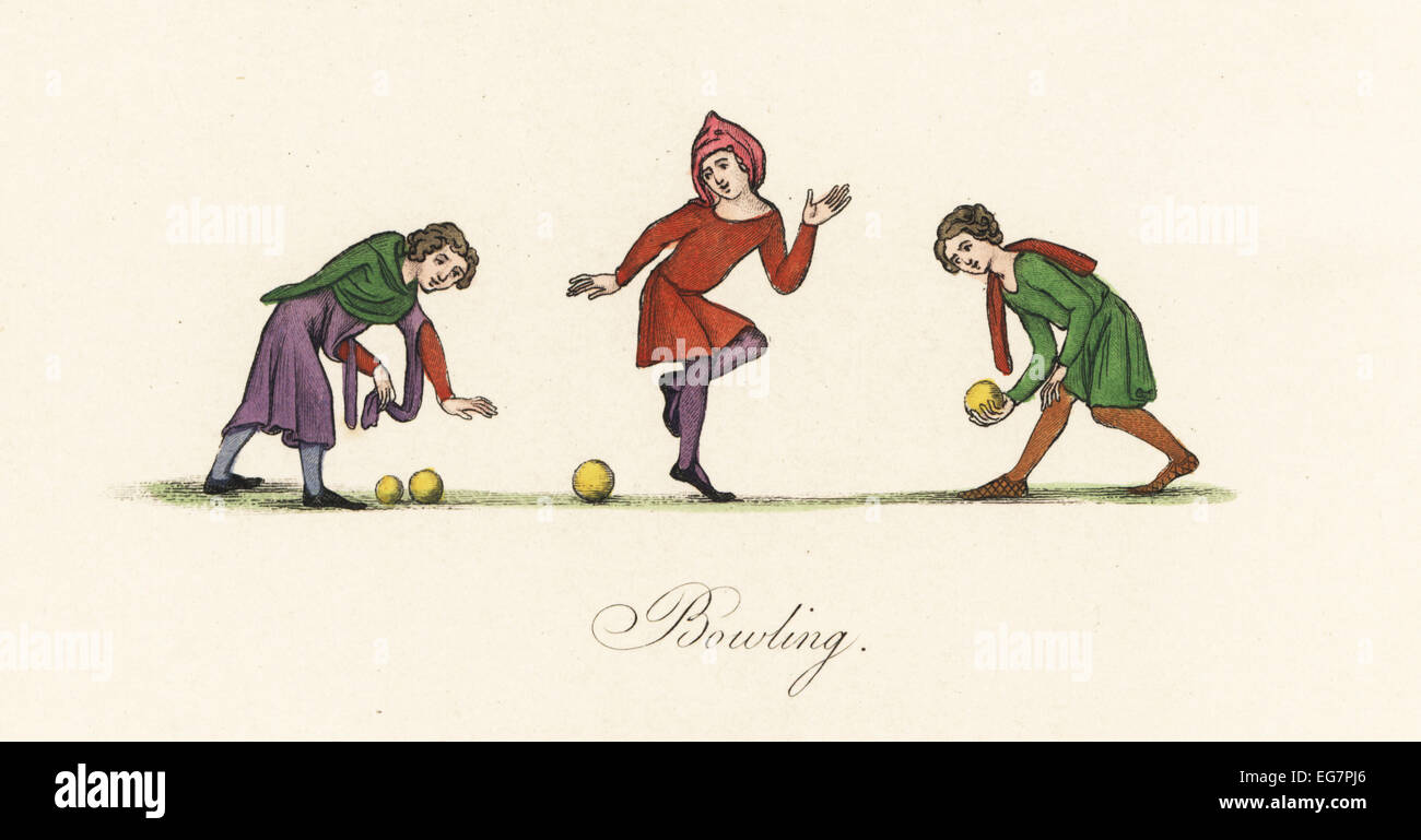 Bowling médiévale. Trois hommes jouant aux boules à l'aide d'un cric, 14e siècle. Banque D'Images