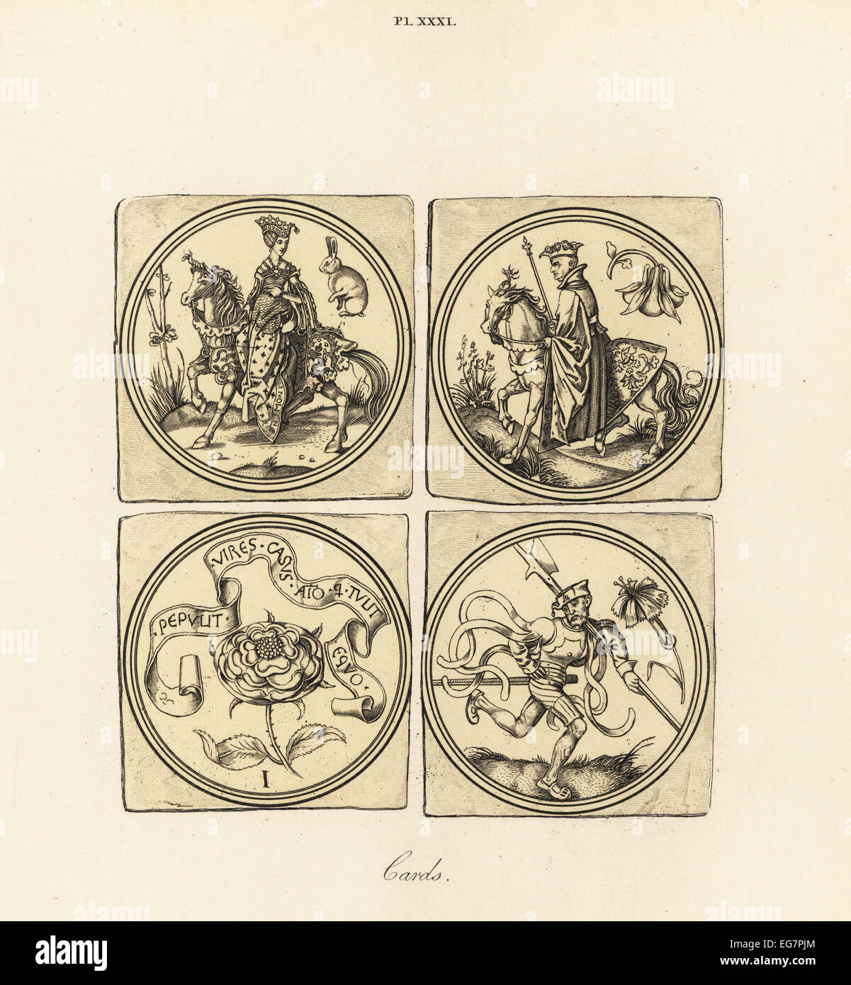 Ancien jeu de cartes, y compris la Reine de lapins, le Roi des Ancolies, l'As de Roses, et le Valet de Rose, 15ème siècle. Banque D'Images