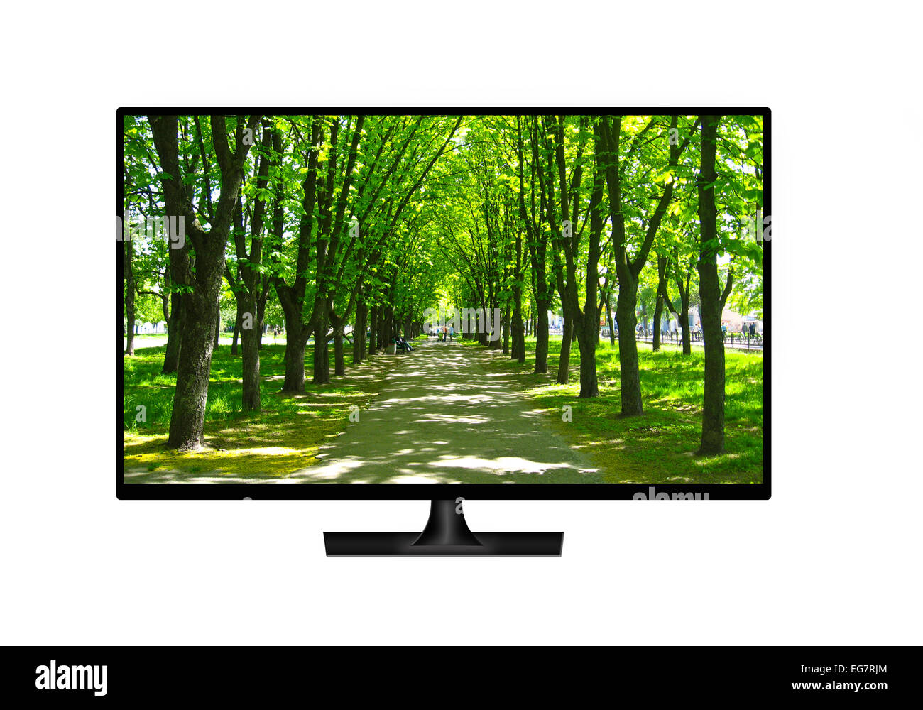 Téléviseur moderne avec l'image du magnifique parc isolé sur fond blanc Banque D'Images