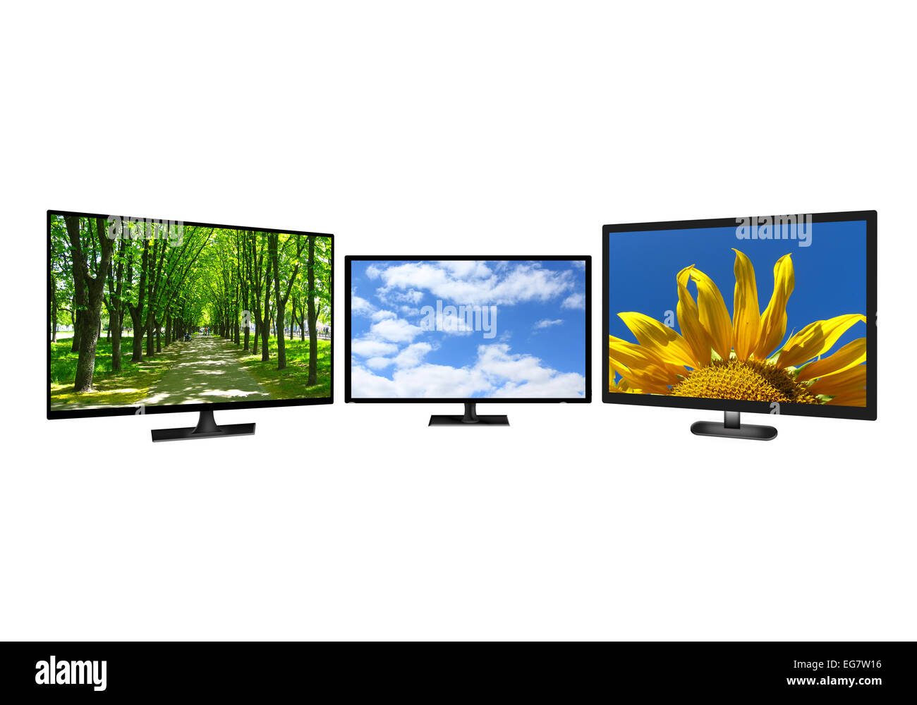 Trois salles de télévision avec des images de couleurs différentes Banque D'Images