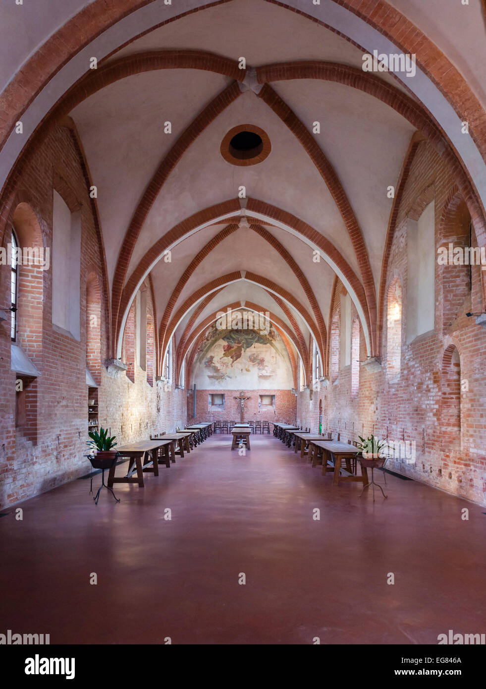 Réfectoire, Salle à manger, gothique, l'abbaye cistercienne, l'abbaye de Clairvaux, Abbaye Chiaravalle Milanese, Milan, Lombardie, Rogoredo Banque D'Images