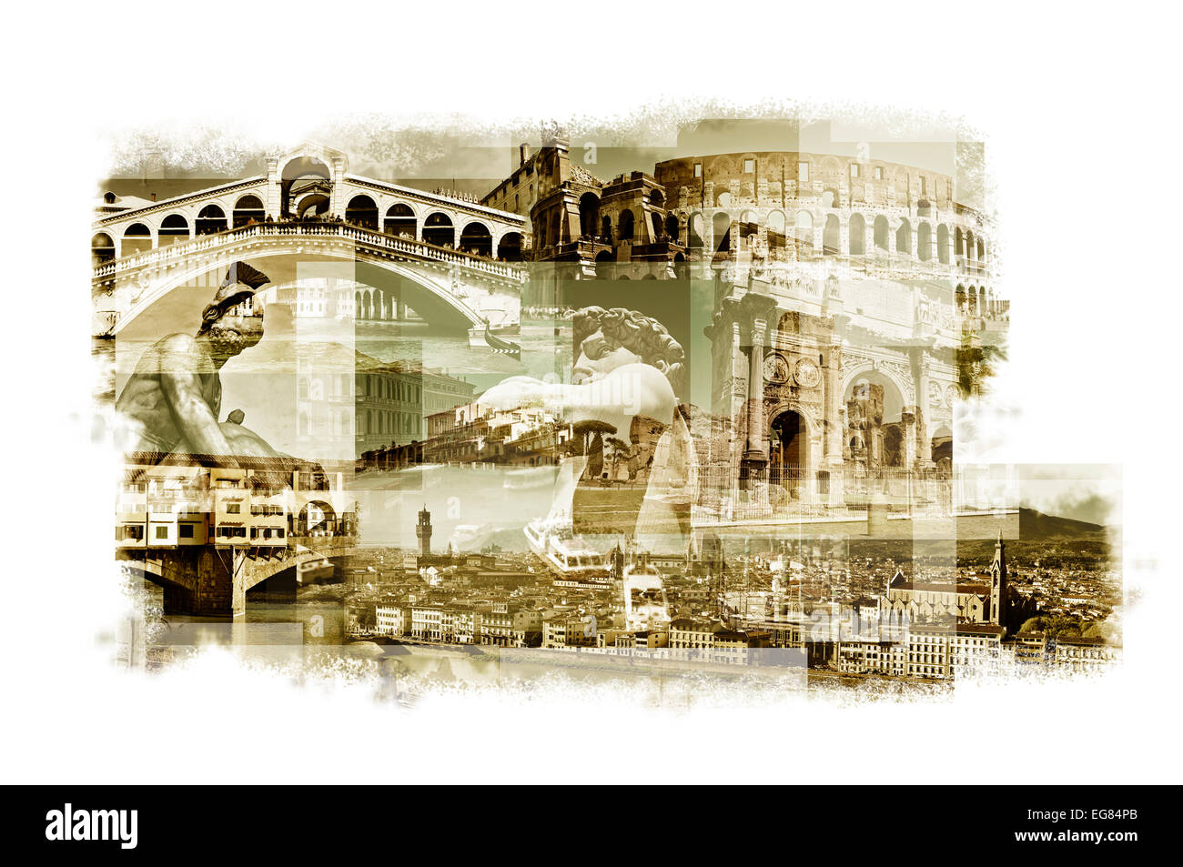 Plusieurs expositions de différents monuments italiens tels que le pont du Rialto à Venise, le Colisée de Rome ou le Ponte Vecchio Banque D'Images