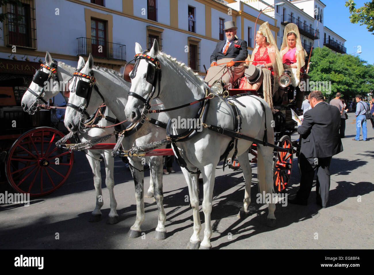 Espagne, Andalousie, Séville, juste, feria de abril, personnes, transport de chevaux, Banque D'Images