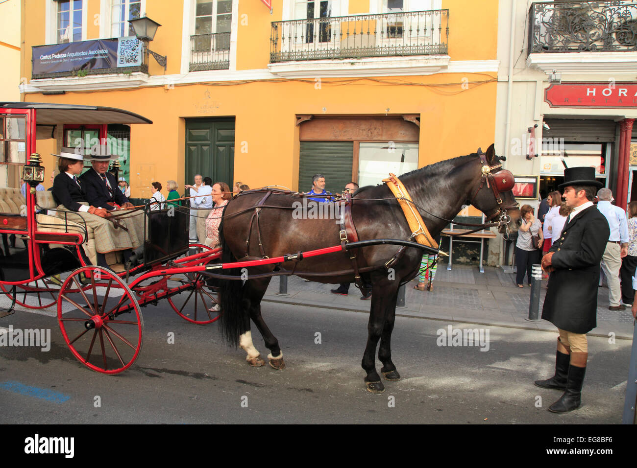 Espagne, Andalousie, Séville, juste, feria de abril, personnes, transport de chevaux, Banque D'Images