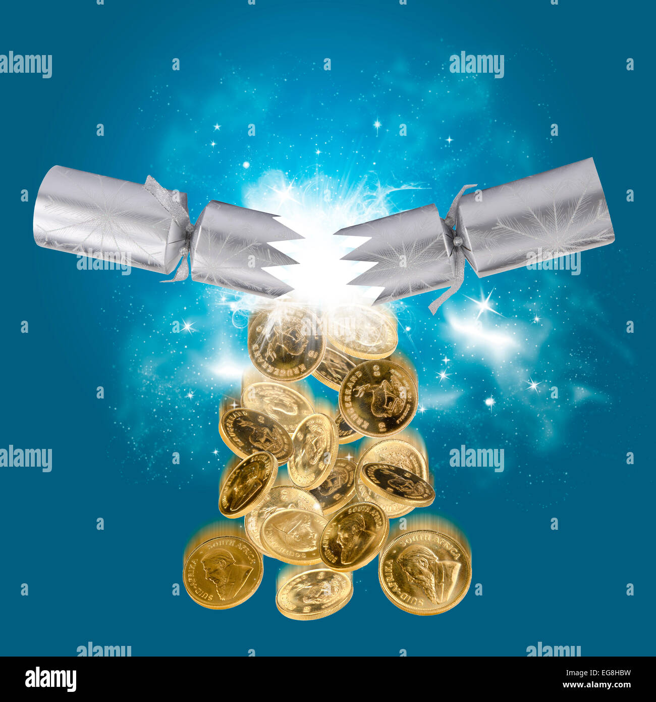 Notion de droit d'or kruggerands relevant d'un cracker de Noël peut être fourni avec un fond de couleur sombre raisonnablement Banque D'Images