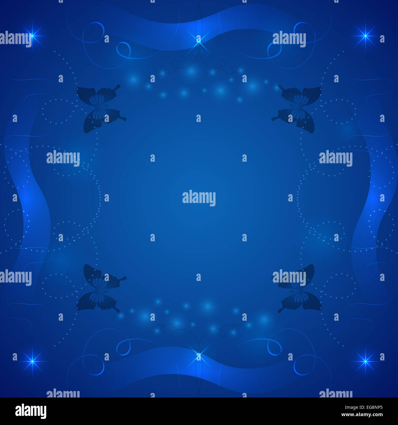 Résumé fond bleu avec des papillons, des vagues et des éléments lumineux Banque D'Images