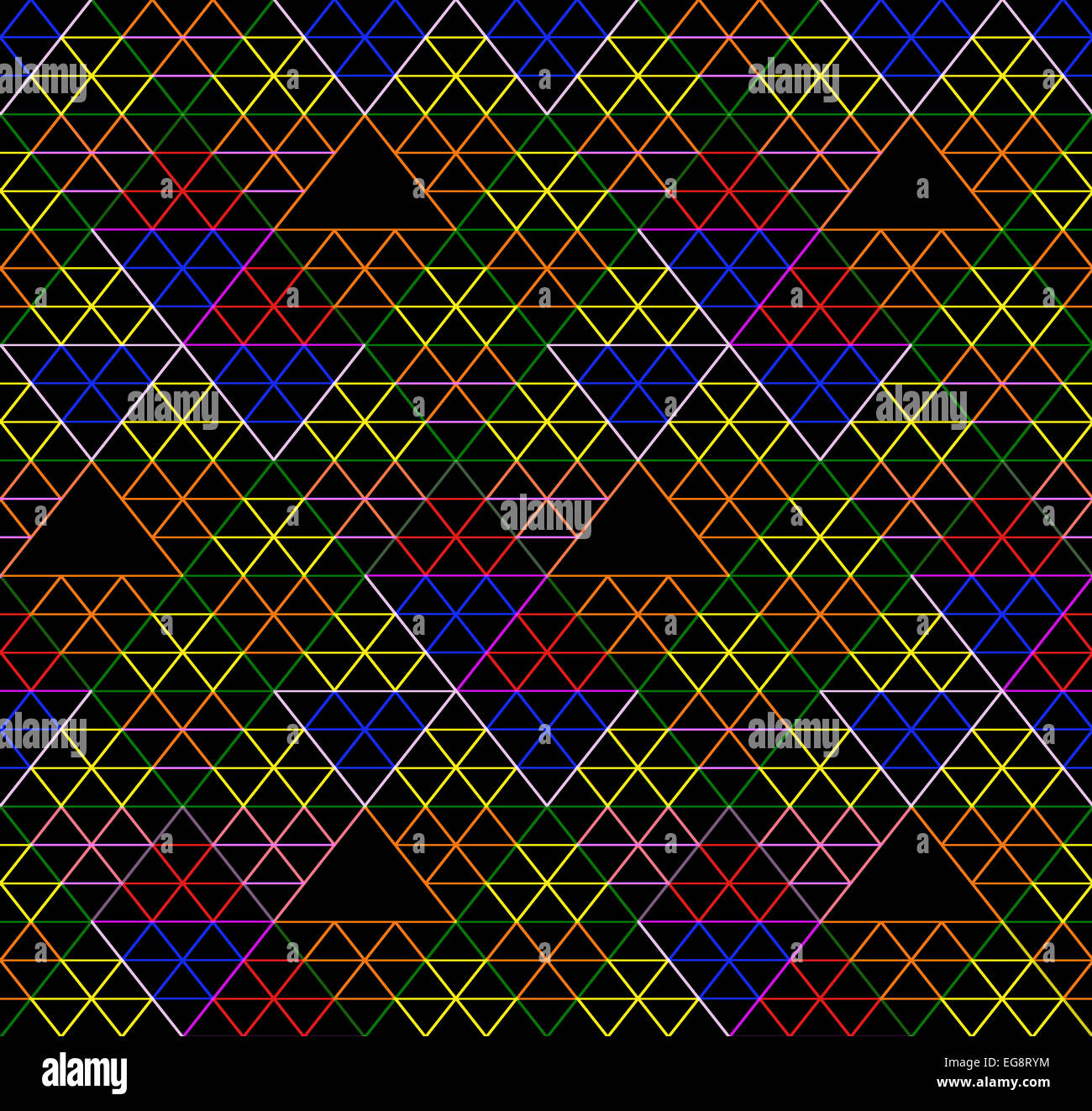 Triangles colorés présentés sur fond noir, un motif abstrait Banque D'Images