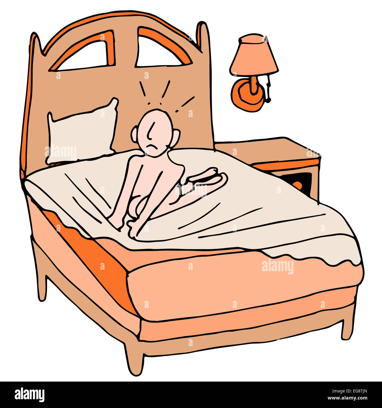 L'image d'une personne à l'aide feuilles montées serrées sur un lit. Banque D'Images