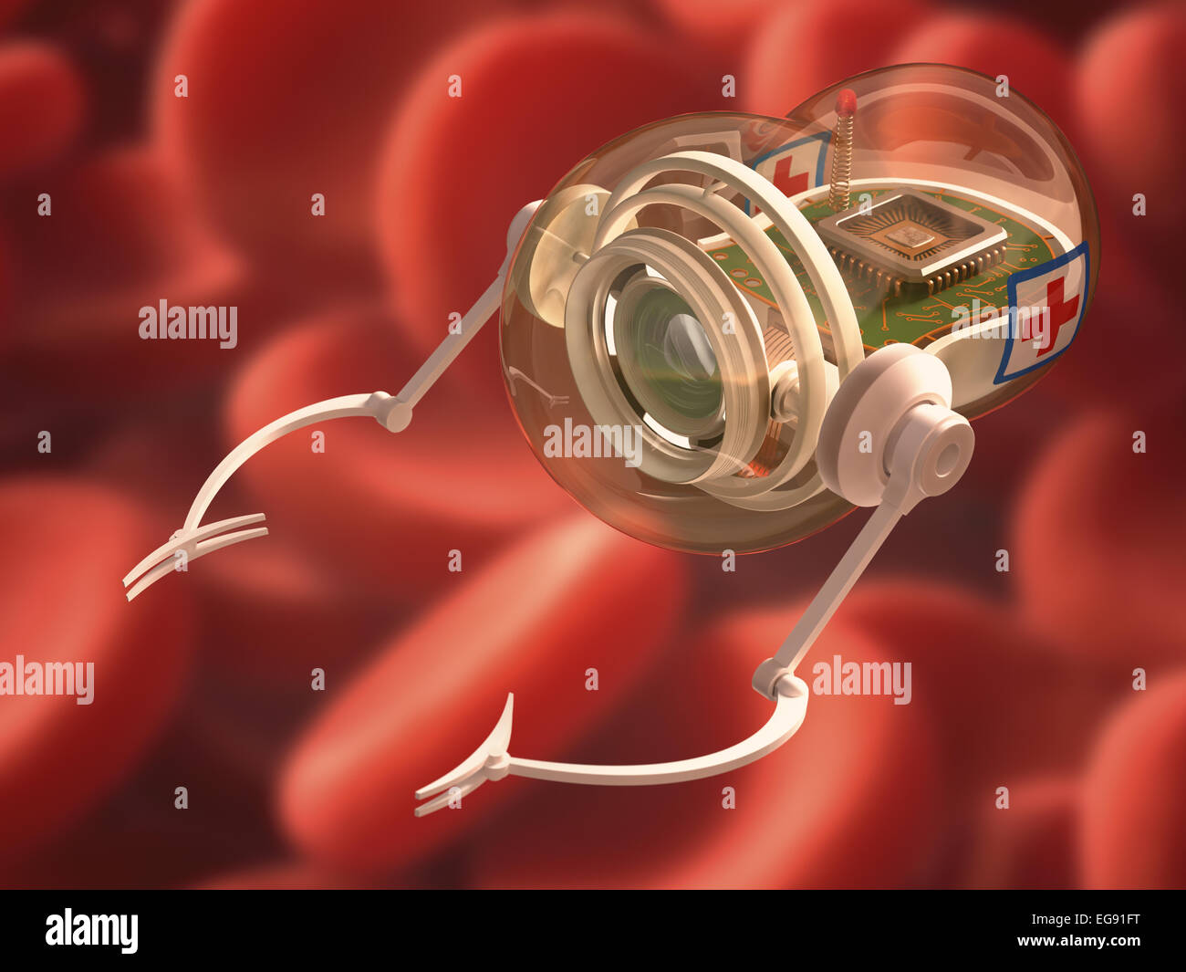 Nano robot avec caméra, micro-traités avec des griffes et signe à l'aide de la radio pour lutter contre les maladies. Chemin de détourage inclus. Banque D'Images
