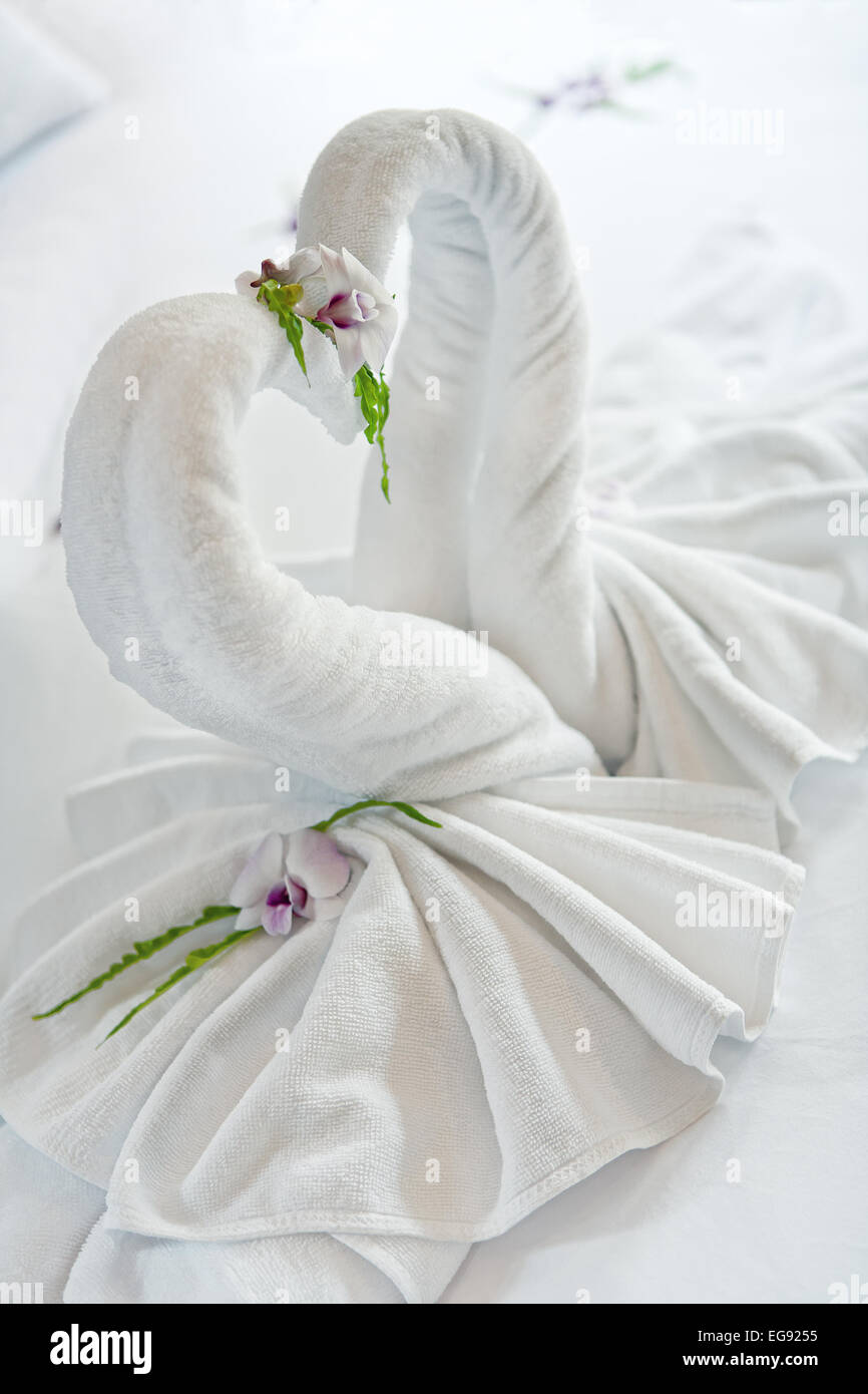 Vue rapprochée de deux belles serviettes drap de lit blanc sur les cygnes Banque D'Images