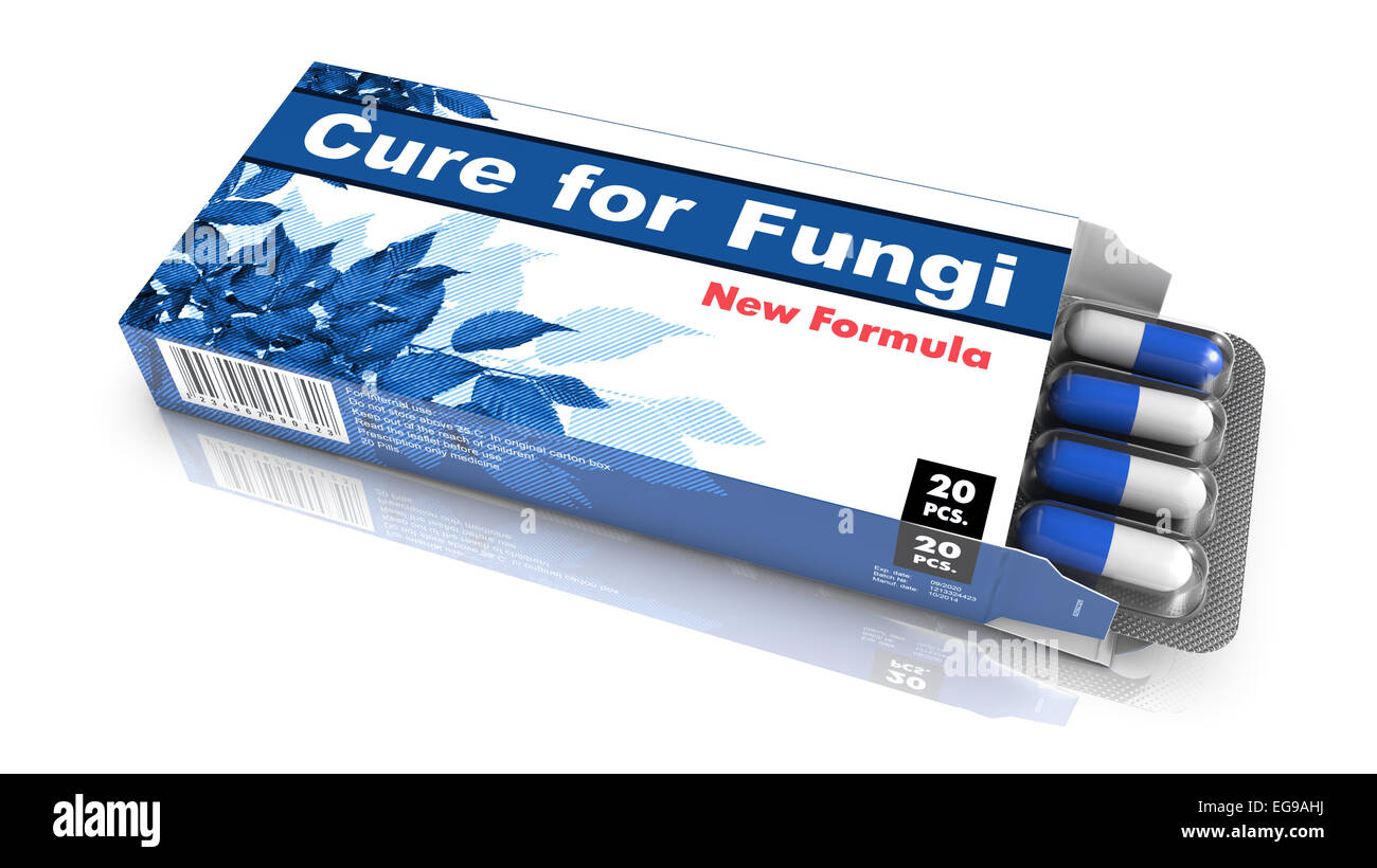 Remède de champignons - Blister ouvert bleu comprimés isolated on White. Banque D'Images