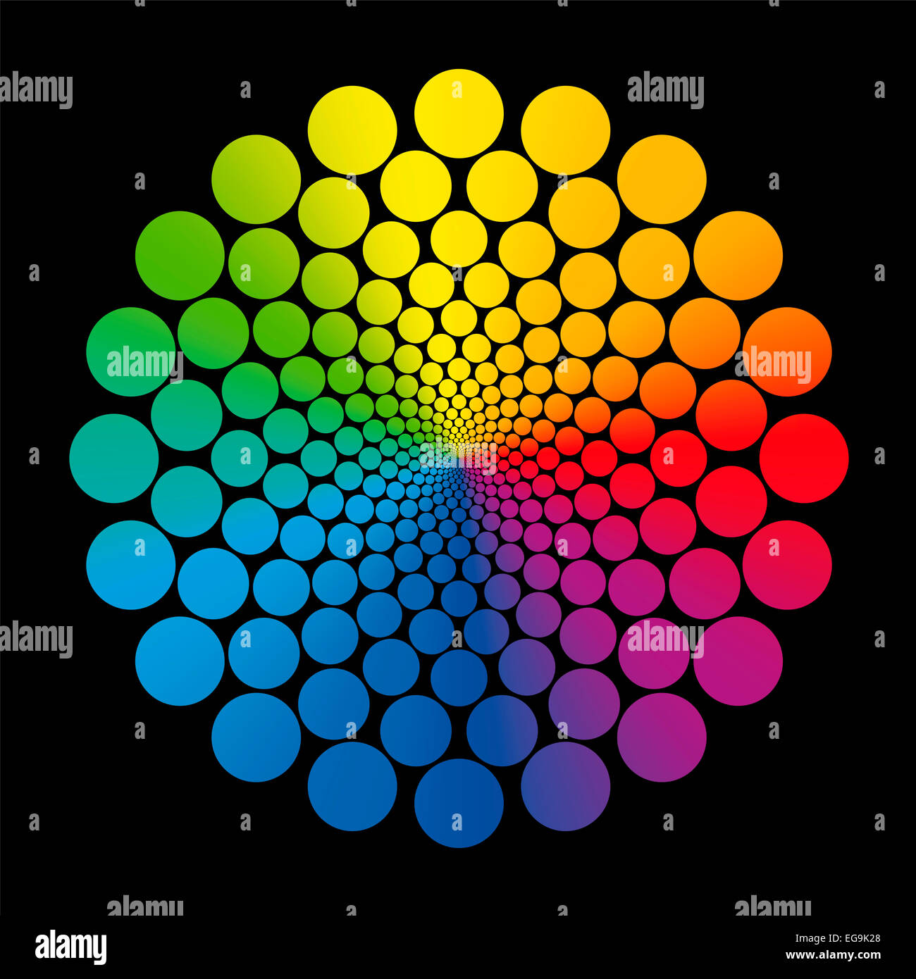 Graphique coloré de fleurs disposés géométriquement de gradient arc-en-ciel cercles qui approche près de l'infini vers le centre. Banque D'Images