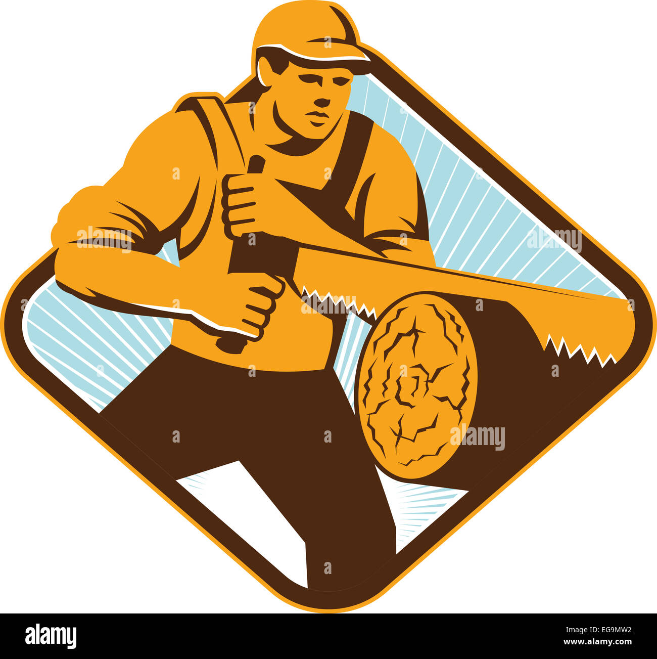 Illustration d'un bûcheron bûcheron forrester sciage avec bois scie bois journal situé à l''intérieur de la forme en diamant fait en style rétro. Banque D'Images