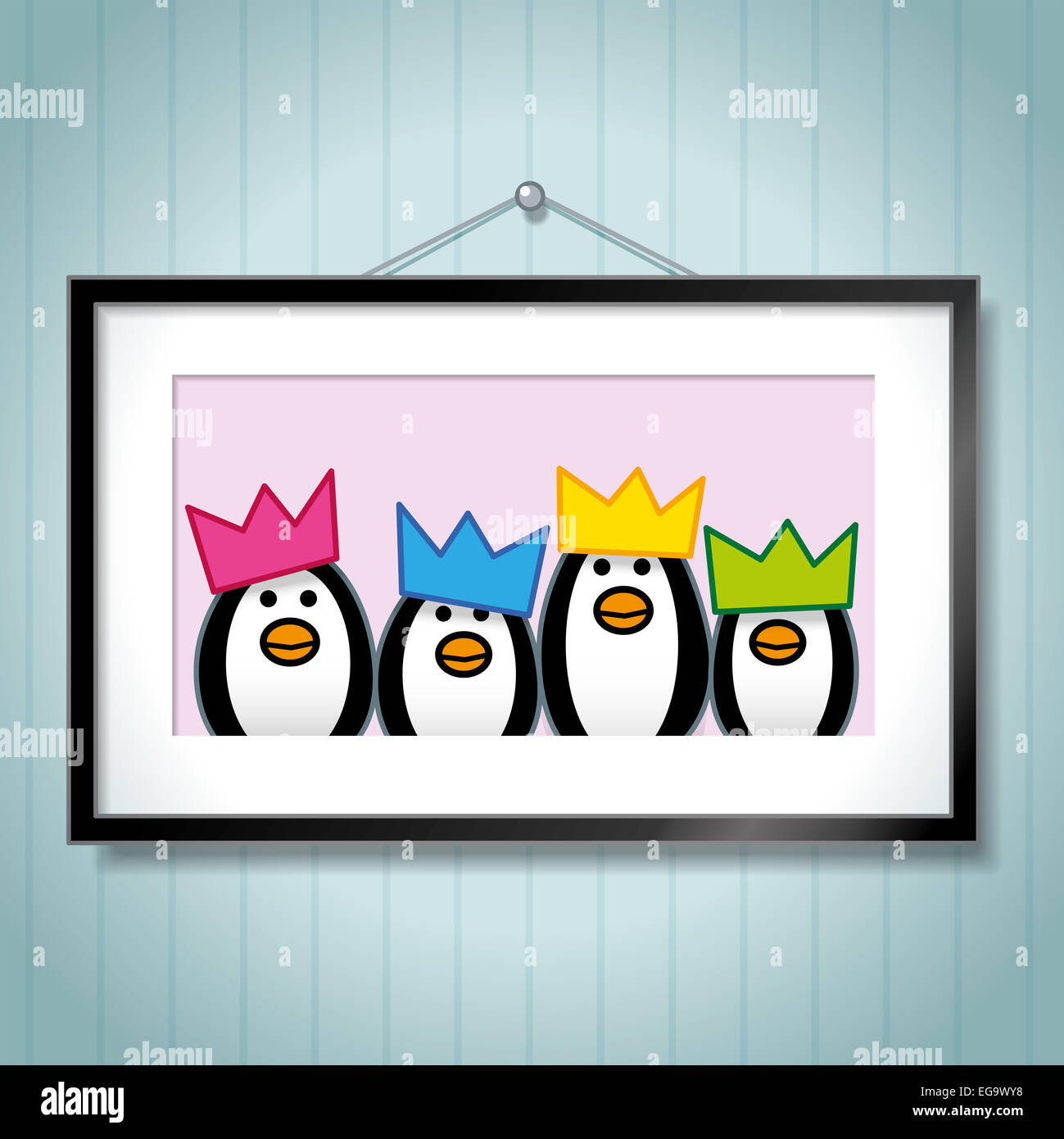 Joli Portrait de famille de pingouins Wearing Party Hats Cadre Photo en tant que fond bleu accroché sur Banque D'Images