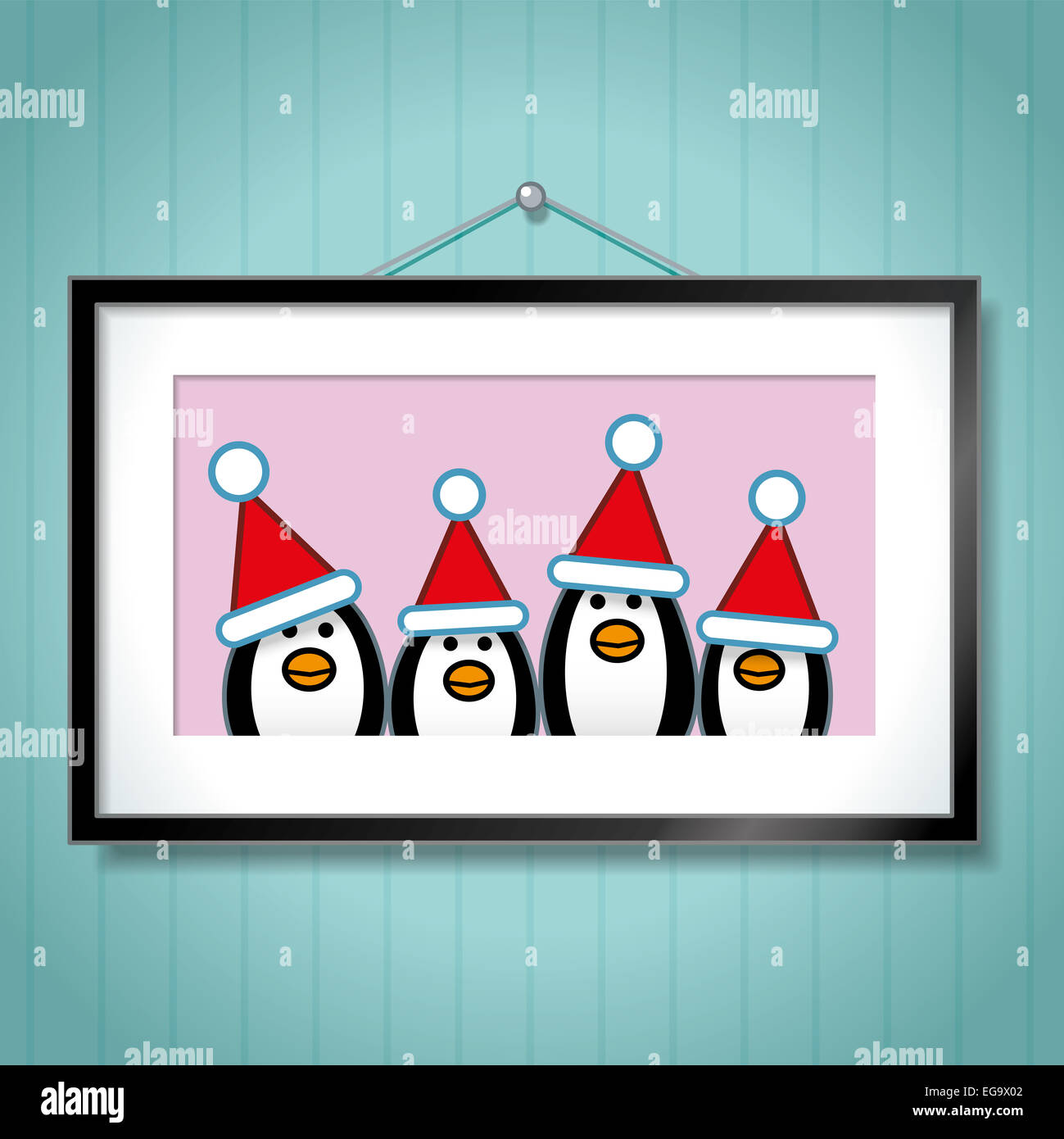 Joli Portrait de famille de pingouins Wearing Santa Hats Cadre Photo en tant que fond bleu accroché sur Banque D'Images