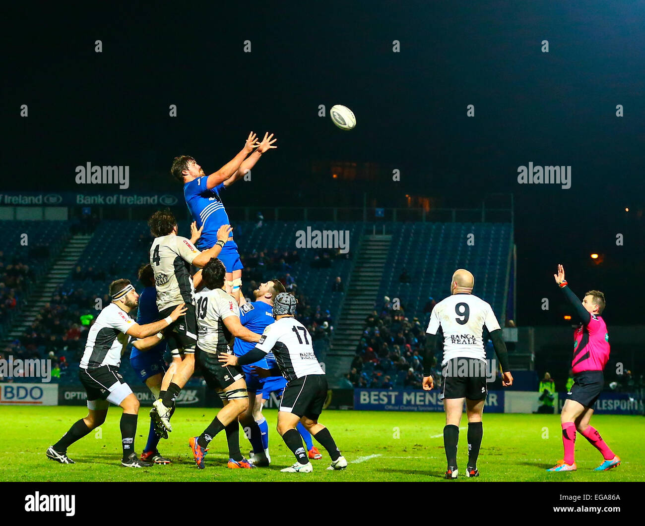 Dublin, Irlande. Feb 20, 2015. Pro12 Guinness Championship. Leinster contre zèbre. Douglas Kane (Leinster) rassemble l'alignement balle. Credit : Action Plus Sport/Alamy Live News Banque D'Images Dublin, Irlande. Feb 20, 2015. Pro12 Guinness Championship. Leinster contre zèbre. Douglas Kane (Leinster) rassemble l'alignement balle. Credit : Action Plus Sport/Alamy Live News Banque D'Images