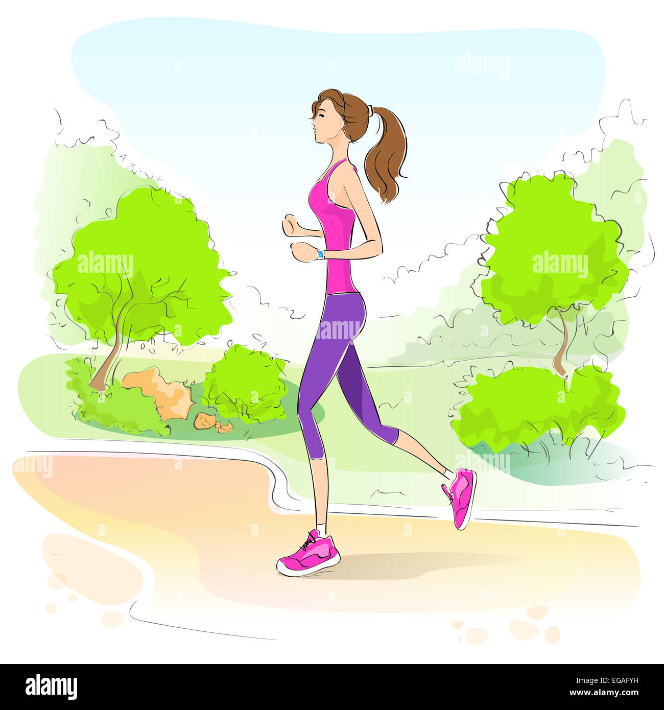 Femme sport fitness avec tracker sur poignet girl runner jogging en formation à l'extérieur du parc Banque D'Images