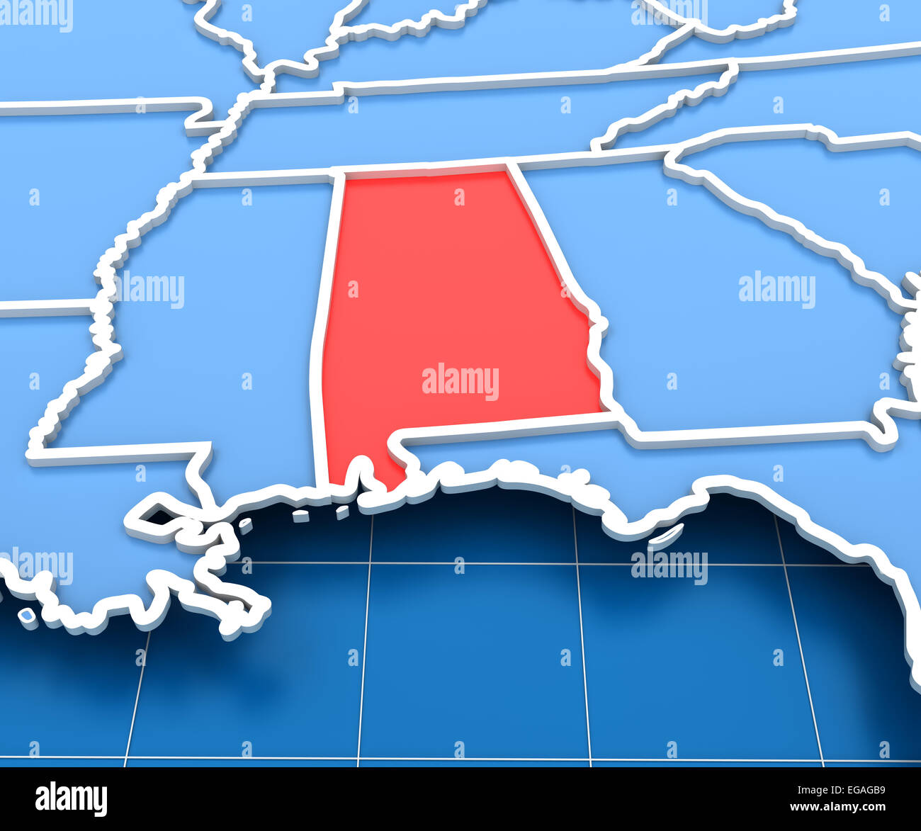 De rendu 3D avec carte des Etats-Unis a mis en évidence l'état de l'Alabama Banque D'Images