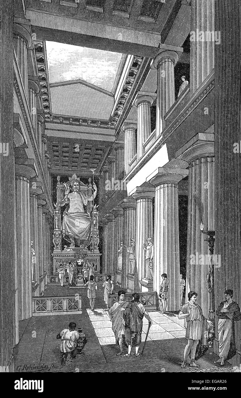 Reconstruction de la statue de Zeus à Olympie le Temple de Zeus, à Olympie, en Grèce, en vue de l'intérieur, Banque D'Images