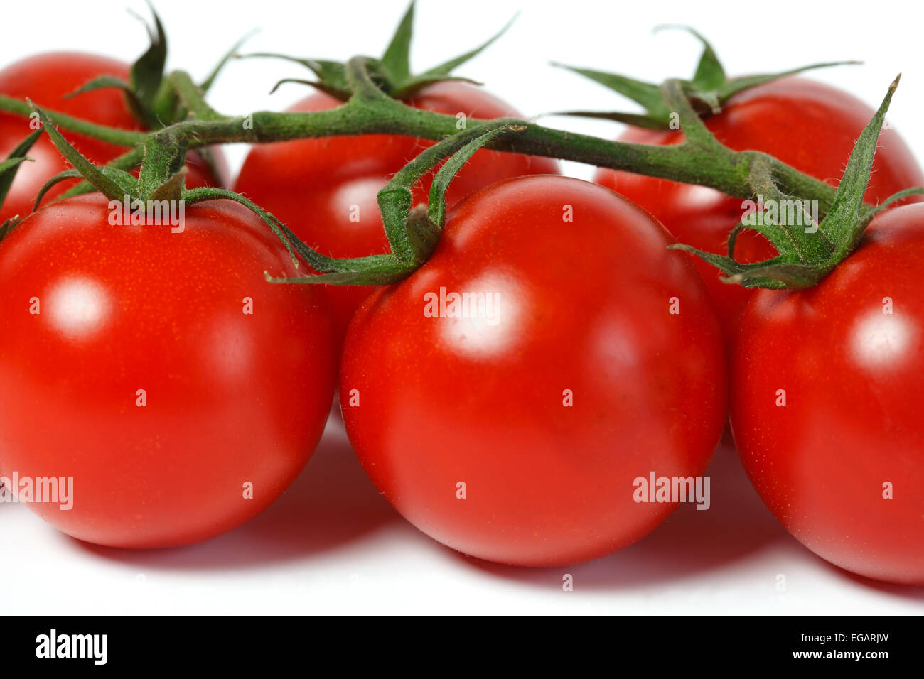 Un close-up de rouge et tomates cerise mûre sur la vigne on white Banque D'Images