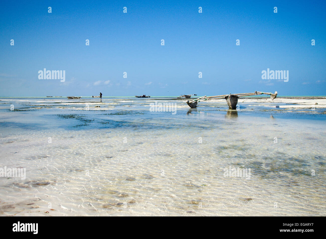 Ngalawa reposant sur la vasière à marée basse -, Jambiani Zanzibar Banque D'Images