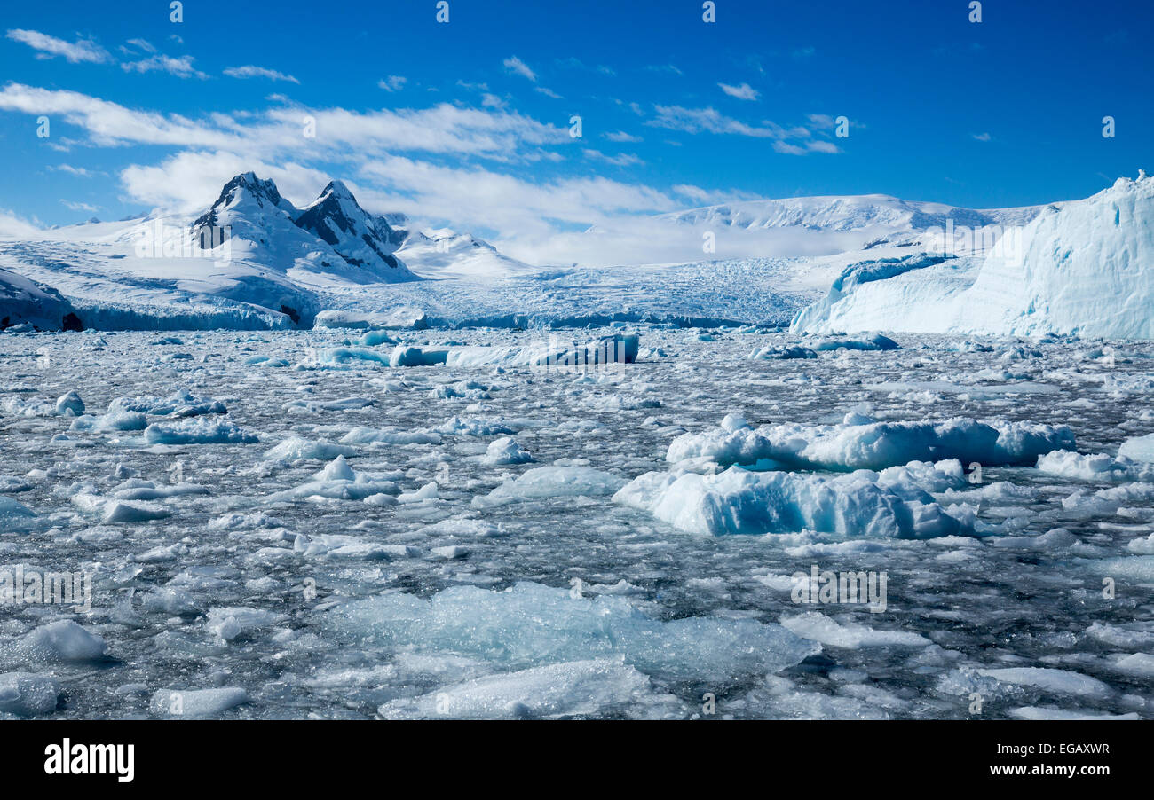 Brash, icebergs, glaciers et montagnes, Cierva Cove, l'Antarctique Banque D'Images