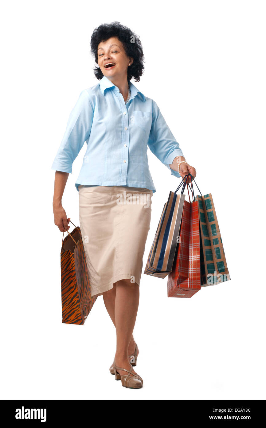 Happy elderly woman sur fond blanc. Banque D'Images