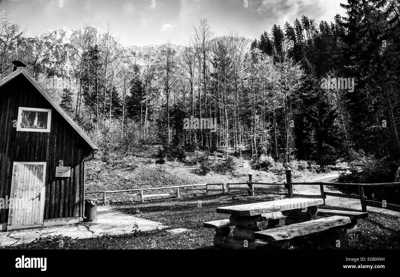 Chalet de montagne avec un banc dans les Alpes italiennes. Banque D'Images