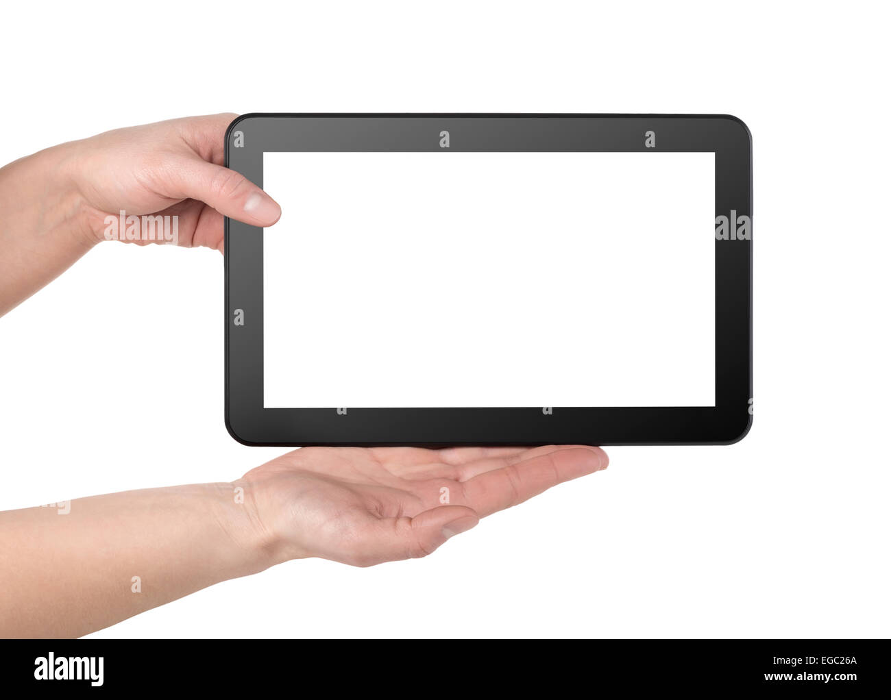 Tablette mobile en mains isolé sur fond blanc Banque D'Images