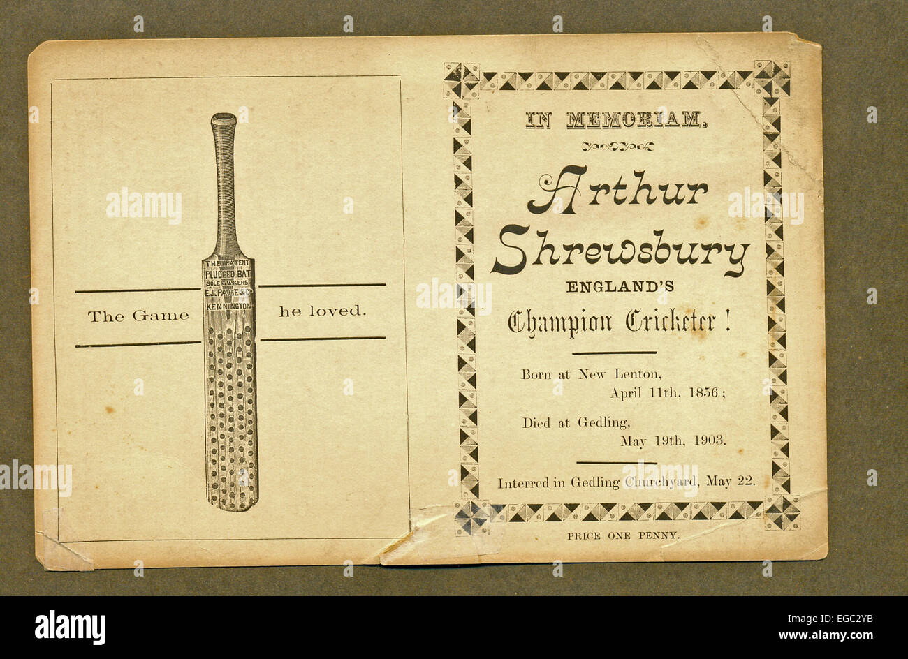 Carte mémoire pour Arthur Shrewsbury, 'Angleterre's Champion Cricketer' Banque D'Images