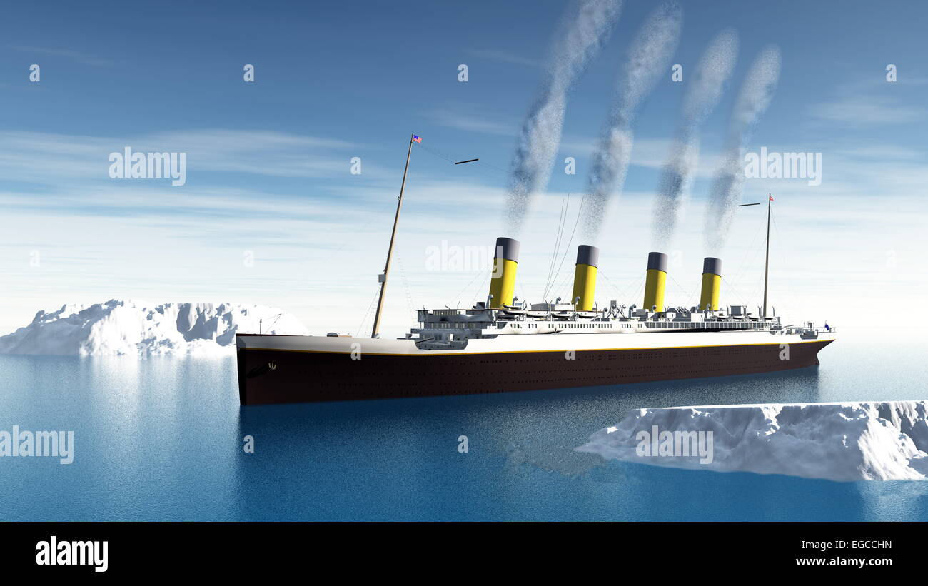 Célèbre navire Titanic parmi les icebergs flottant sur l'eau par jour nuageux - 3D render Banque D'Images
