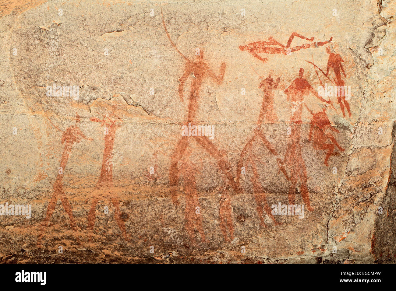 San (Bushmen) rock peinture représentant des figures humaines, montagnes du Drakensberg, Afrique du Sud Banque D'Images