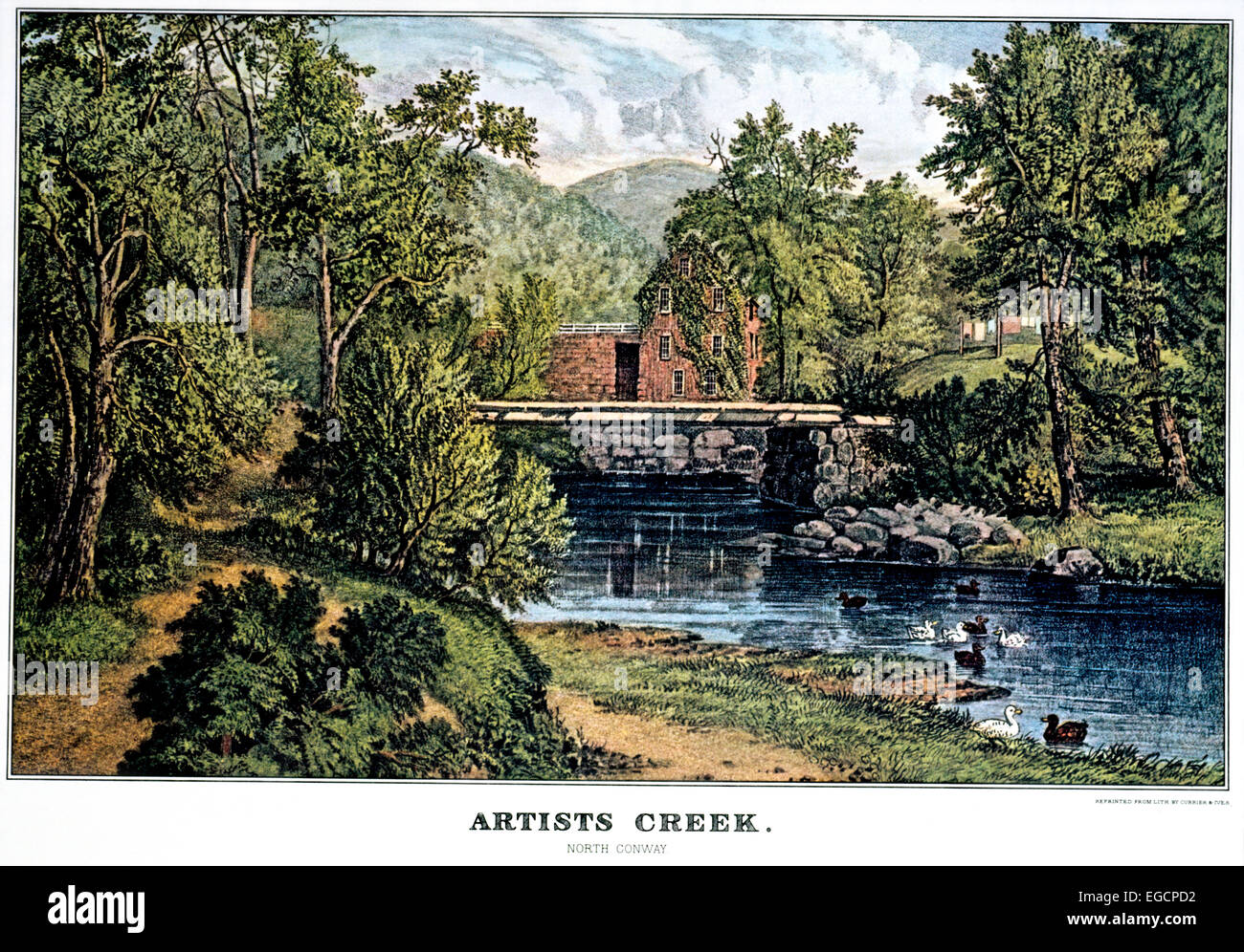 CURRIER ET IVES ARTISTES LITHOGRAPHIE CREEK, NORTH CONWAY SCÈNE BOIS rustique Banque D'Images