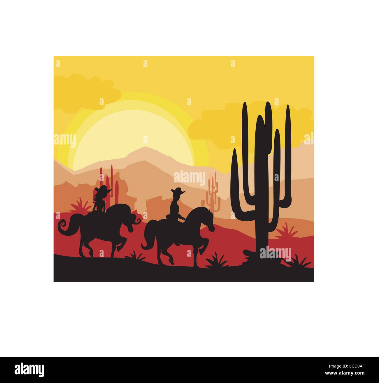 Silhouette d'un couple monte un cheval au coucher du soleil Illustration de Vecteur