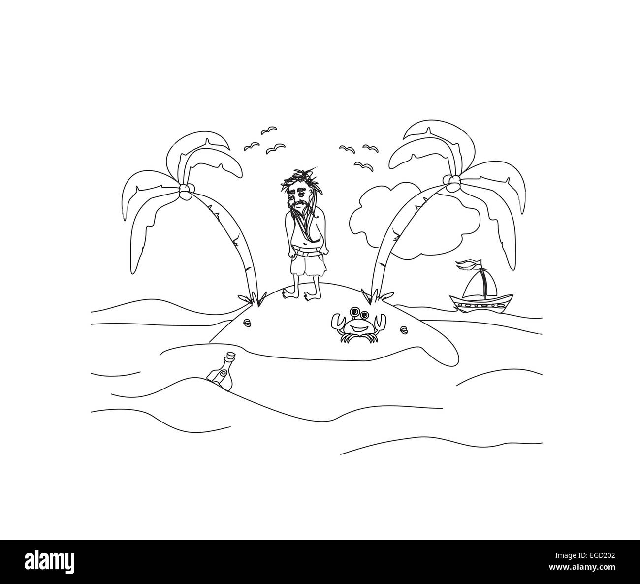 Seul l'homme vivant sur une petite île déserte Illustration de Vecteur