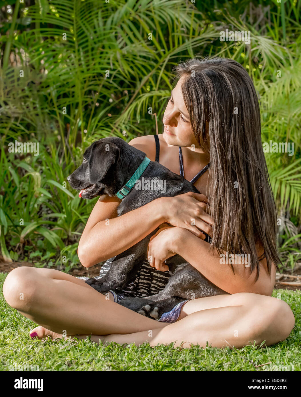 Une jeune adolescente avec de longs cheveux raides s'asseoir sur la pelouse à proximité d'un jardin luxuriant tout en tenant un chiot Labrador noir dans ses bras Banque D'Images