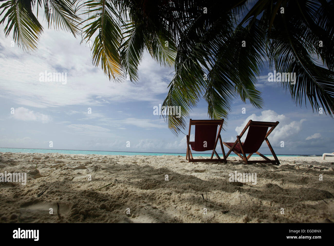 Deux chaises de plage à plage de sable, l'île de Biyadhoo, South Male Atoll, Maldives Banque D'Images