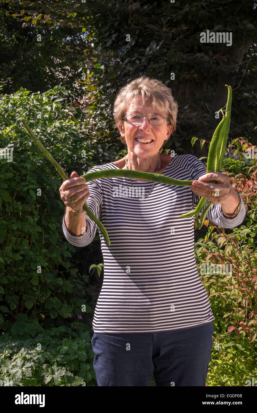 Femme plus âgée dans jardin avec grands haricots cultivés au jardin. Gloucestershire England UK Banque D'Images