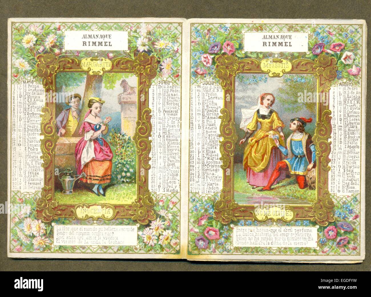 Deux pages de l'Almanach de la langue parfumée de fleurs publié par E Rimmel. Edition espagnol. Banque D'Images