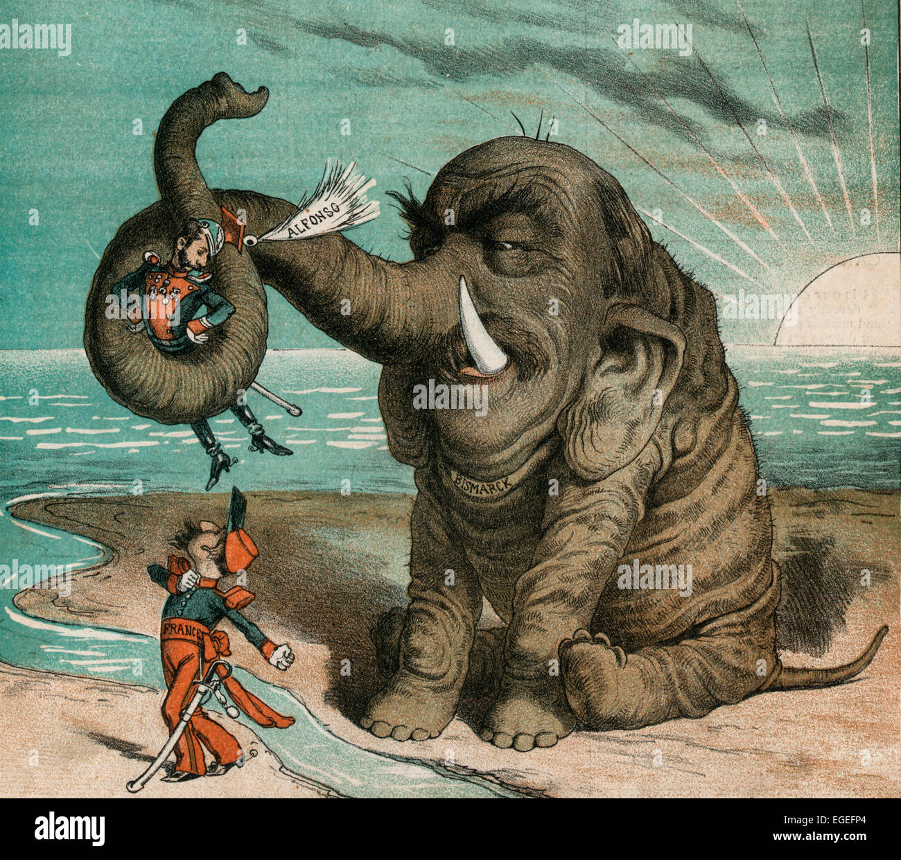 Bismarck boost - Le Uhlan King - 'Je suis plus grand que vous avez maintenant un grand elephant' marqués 'Bismarck' 'levée' Alfonso XII haut sur la tête d'un soldat marqués 'France'. Caricature politique 1883 Banque D'Images