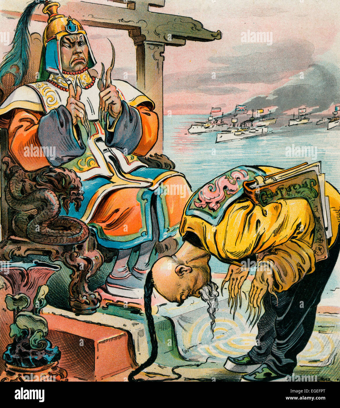 Une urgence imprévue, - l'empereur de Chine me dire, plus sage conseiller, quel conseil Confucius gife concernant une telle situation comme cela ? / Li Hung Chang je le crains, Votre Majesté, que Confucius est un numéro de retour. Il n'a jamais rêvé d'une telle exposition d'effronterie comme ceci. Empereur de Chine assis sur un trône, à parler avec un sage ministre, obtenir les conseils de Confucius, que les navires étrangers, à partir de l'Angleterre, l'Allemagne, le Japon, la France, et d'autres pays, l'approche à l'arrière-plan. Caricature politique 1898 Banque D'Images