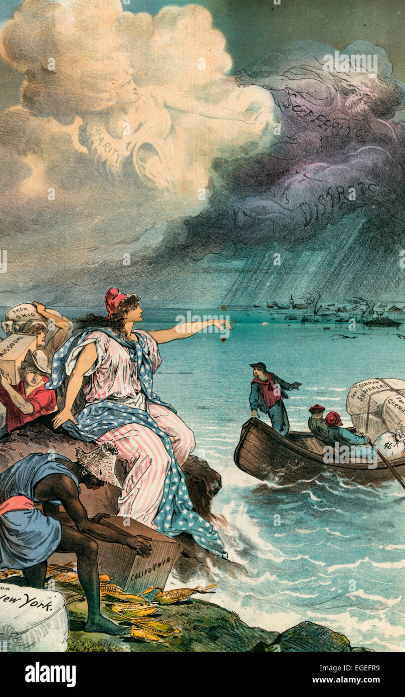 Les grandes inondations de 1883 - de l'Allemagne ont besoin d'aide et de l'Amérique. L'illustration montre Colombie-britannique assis sur un rocher sur la côte, les hommes apportent des paquets marqués 'fournitures à partir de l'Ohio, Missouri, de New York, [et] California' ; juste au large, les hommes tirer sur les rames d'une barque chargée de grosses liasses portant la mention "pour les personnes souffrant d'Allemand" et "pour l'Allemagne", et un grand sac d'argent. Dans l'arrière-plan, les débris flottants en haute eaux des inondations dévastatrices. Les frais généraux sont des nuages de beau temps marqués 'Charity' et de sombres nuages, qui baisse plus de pluie, étiqueté 'souffrances' et de détresse, vers 1883 Banque D'Images