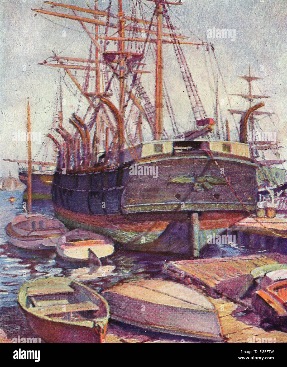 Le dernier baleinier - Le Charles W Morgan - New Bedford, Massachusetts, 1916 - Peinture par Clifford Ashley Banque D'Images