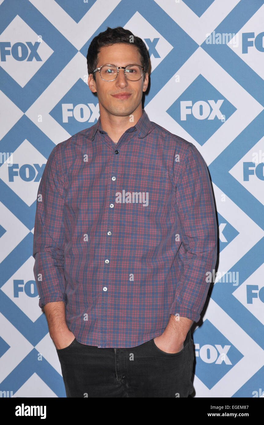 PASADENA, CA - le 13 janvier 2014 : Andy Samberg au TCA Fox All-Star party à l'hôtel Langham Huntington, Pasadena. Banque D'Images